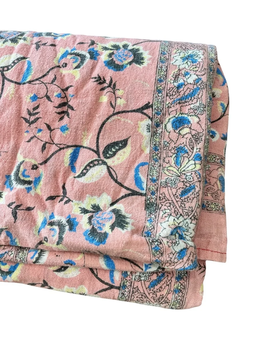Vintage Indian Hand Block Print Cotton Bedspread - pink blush Floral Boho Quilt